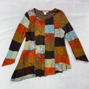 Feratelli Patchwork Knit‎ Top Women Medium Orange Brown Bohemian Hippie Pullover